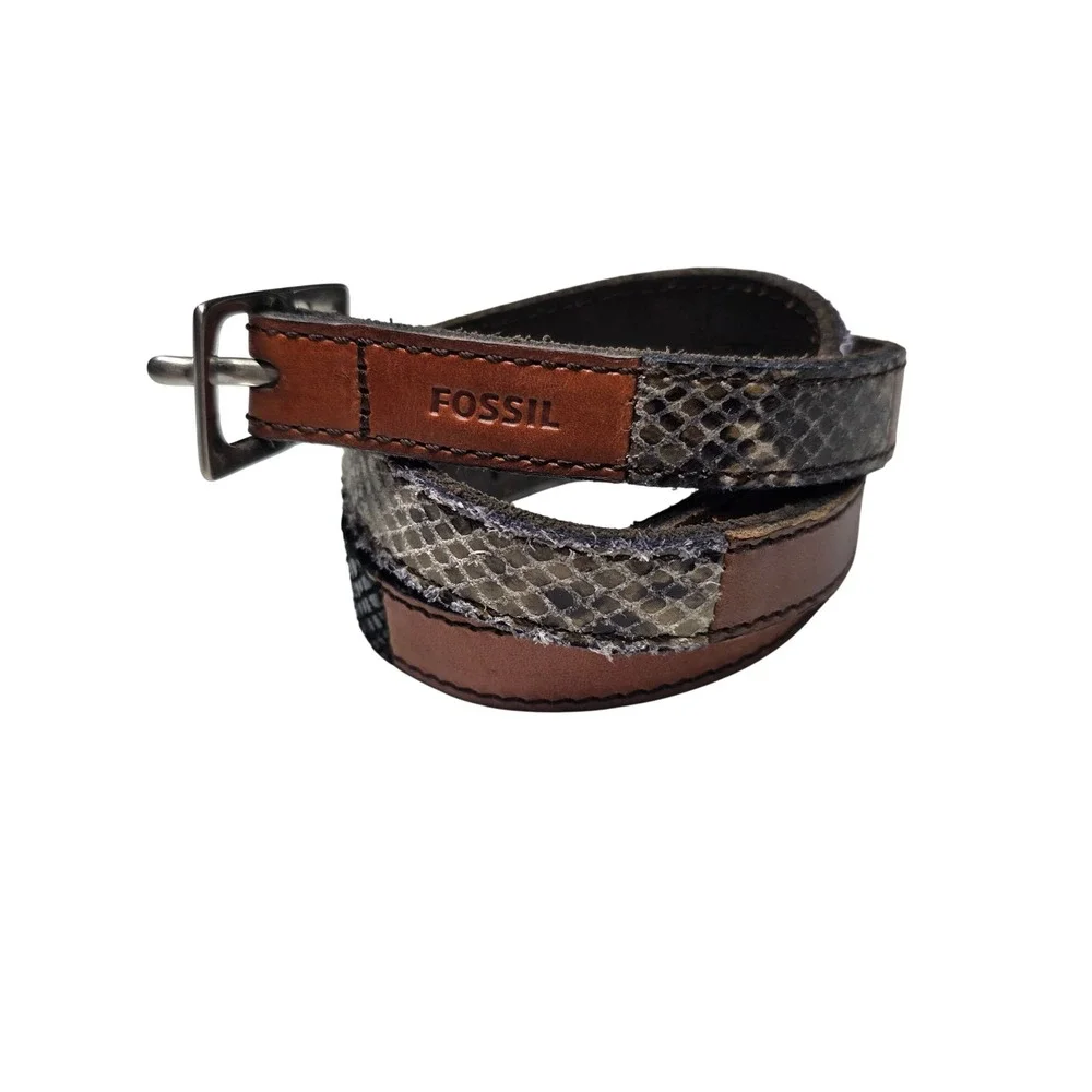 Fossil Snakeskin Patchwork Leather Skinny Belt Brown Tan Black Size Medium M